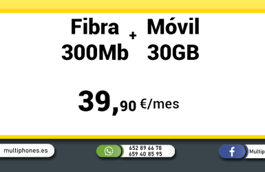 MASMOVIL – FIBRA 300 Y FIJO MÓVIL 30GB y llamadas ilimitadas.