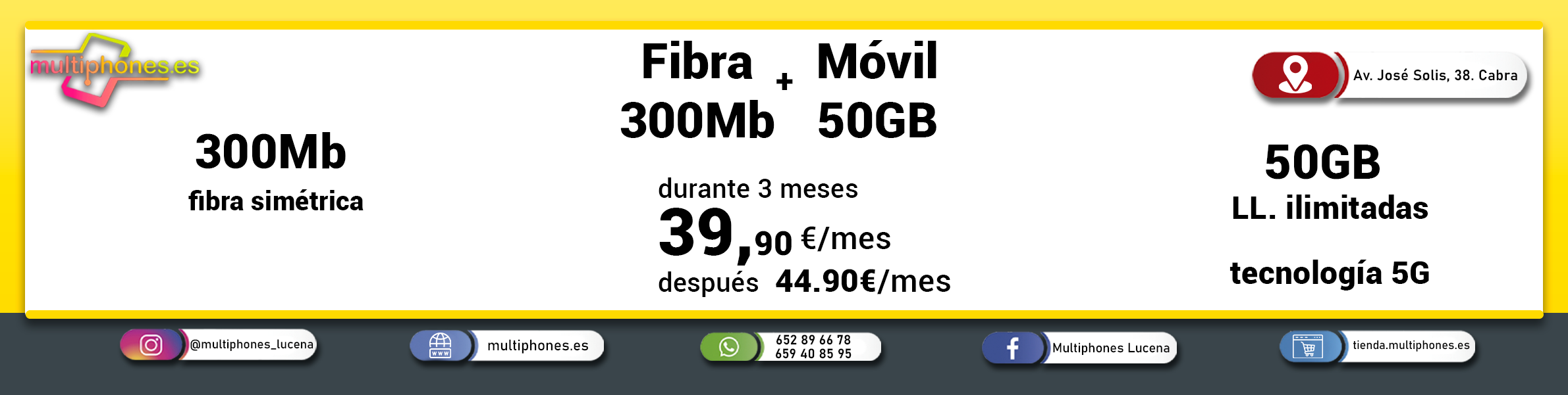 MASMOVIL- FIBRA 300, FIJO Y MÓVIL 50GB y llamadas ilimitadas.